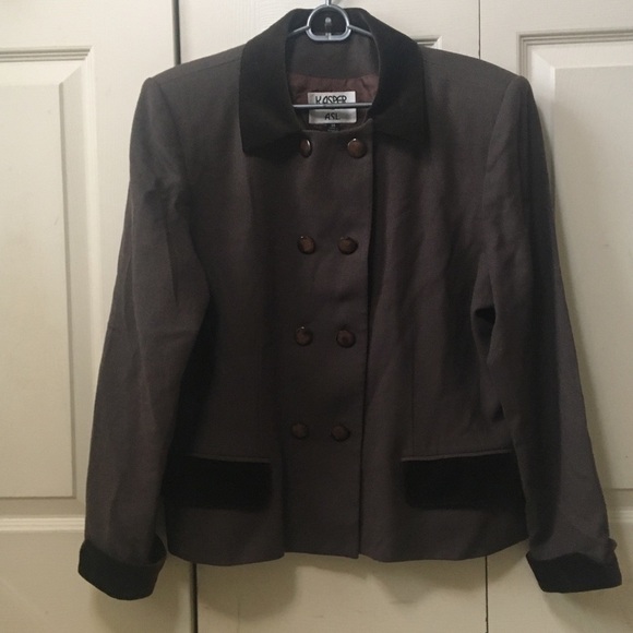 Vintage Kasper for ASL Wool Blazer Jacket Faux Suede Trim VTG Brown Buttons 14 - Picture 13 of 15